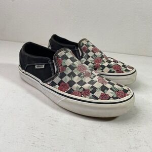 Vans Classic Slip-On Skate Shoes Womens 7.5 Checkerboard Rose Floral Black White